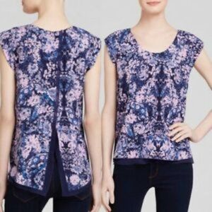 Rebecca Taylor Floral Silk Blouse Top Navy Pink